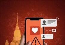 Online Dating Thai Scam: My Close Call & How to Stay Safe Thai Temple with Warning Icon on Phone