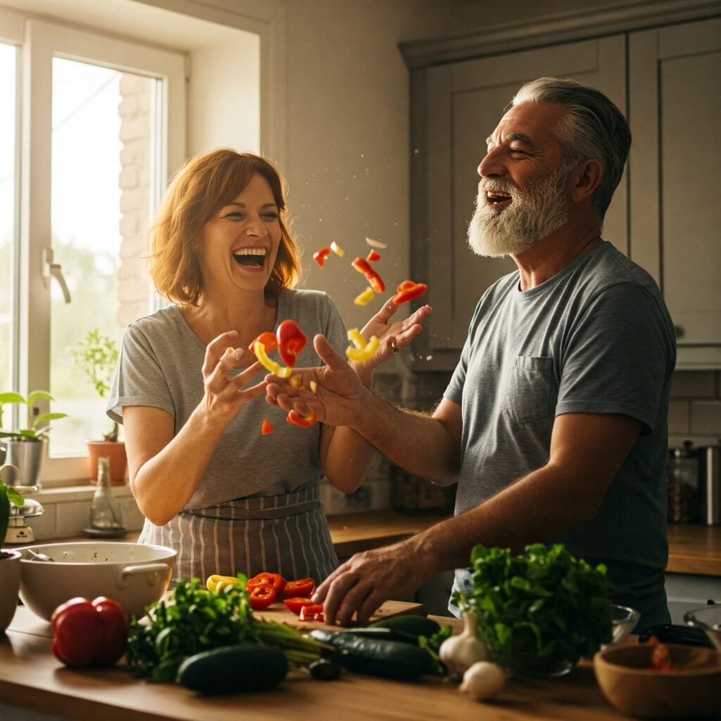 Couple laughing while cooking together