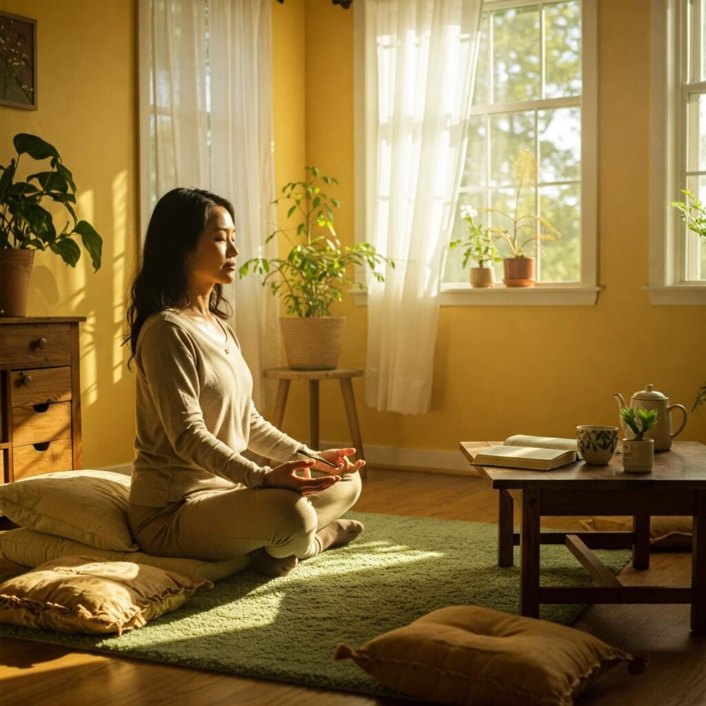 Woman meditating in serene space.