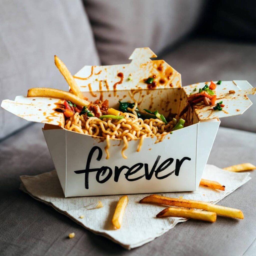 Half-eaten takeout with "forever" on box; wilted fries spill on napkin.