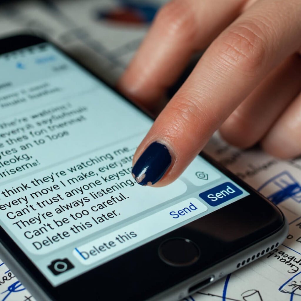 Thumb hovers over "Send" on paranoid text; chipped navy nail, sticky note chaos.