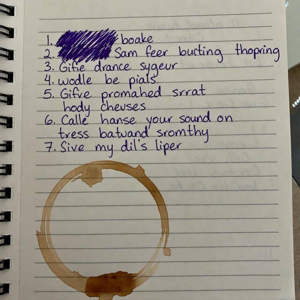 Coffee-stained notebook page with purple pen scribbles, ring over #7.