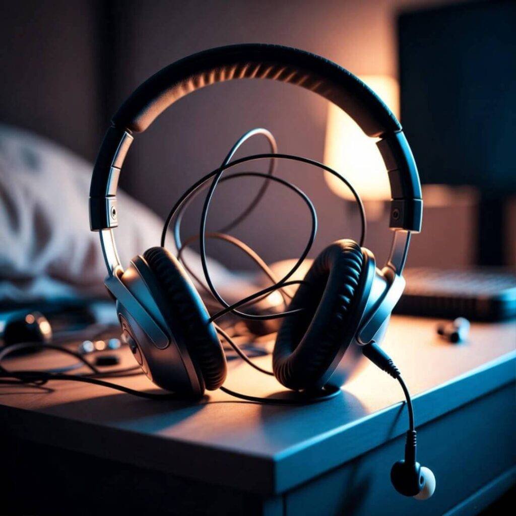 Tangled headphones on nightstand, one earbud broken, symbolizing lost connection.