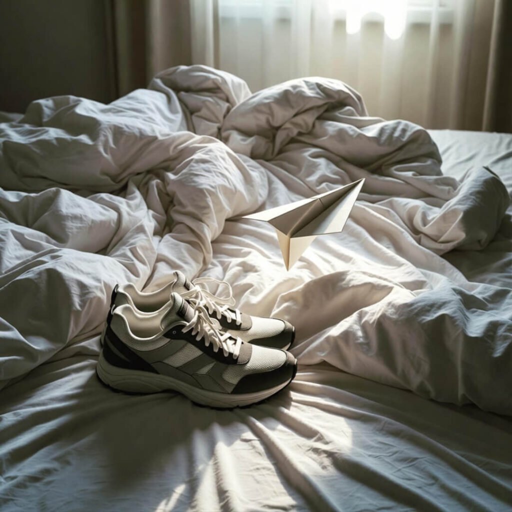 Low-angle view: rumpled white sheets, sneakers, paper airplane gliding in softly.
