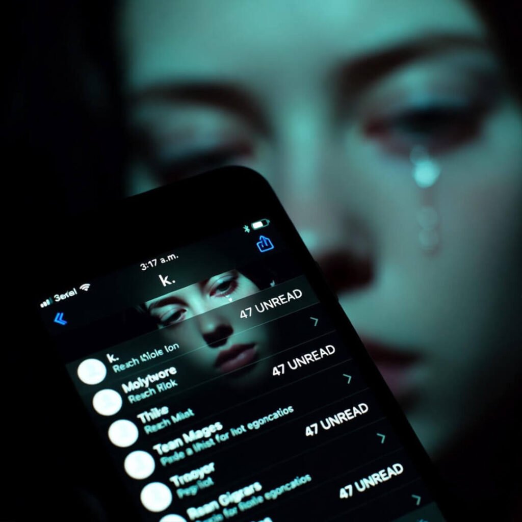 iPhone at 3:17 a.m. shows 47 unread messages topped by “k.”; tear-streaked face reflected.