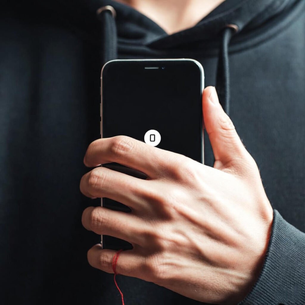 Hand twisting red thread, staring at unanswered text on phone from hoodie pocket.