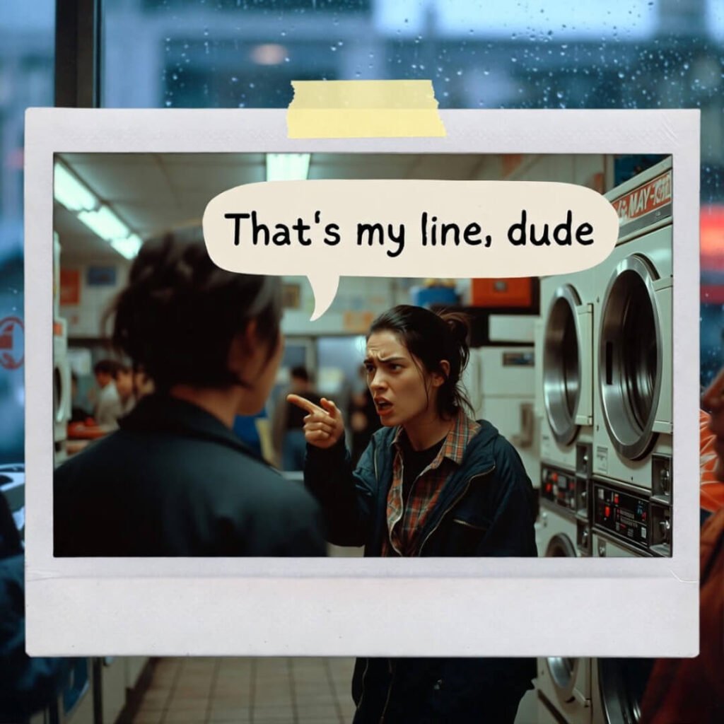 Woman points angrily in rainy laundromat; sticky-note says “That’s my line, dude”.