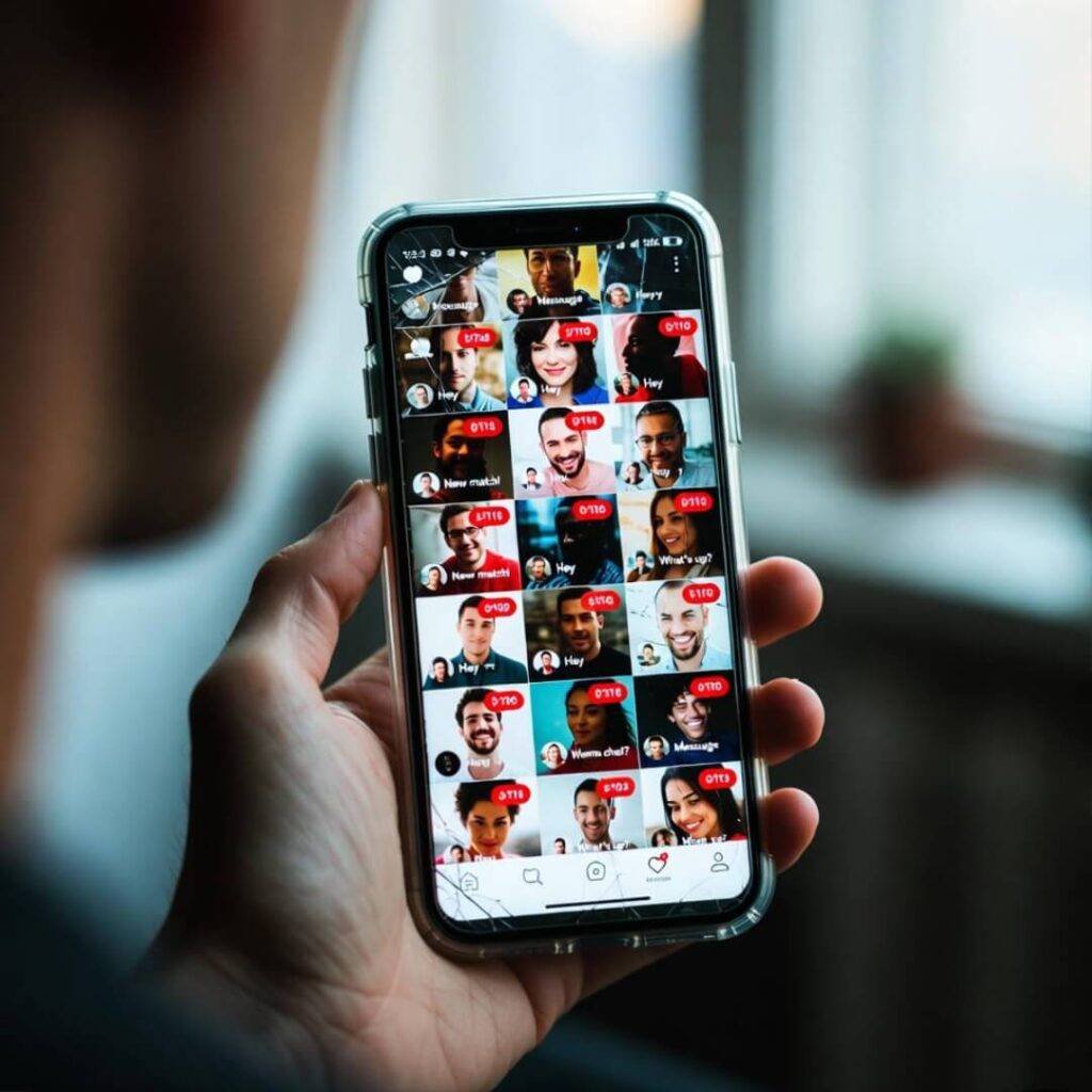 Cracked phone screen overflows with dating app notifications, over-the-shoulder view.