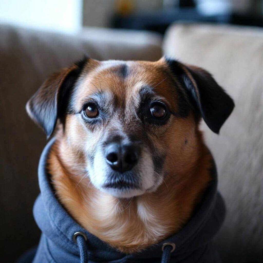 Dog in hoodie stares judgmentally from couch.
