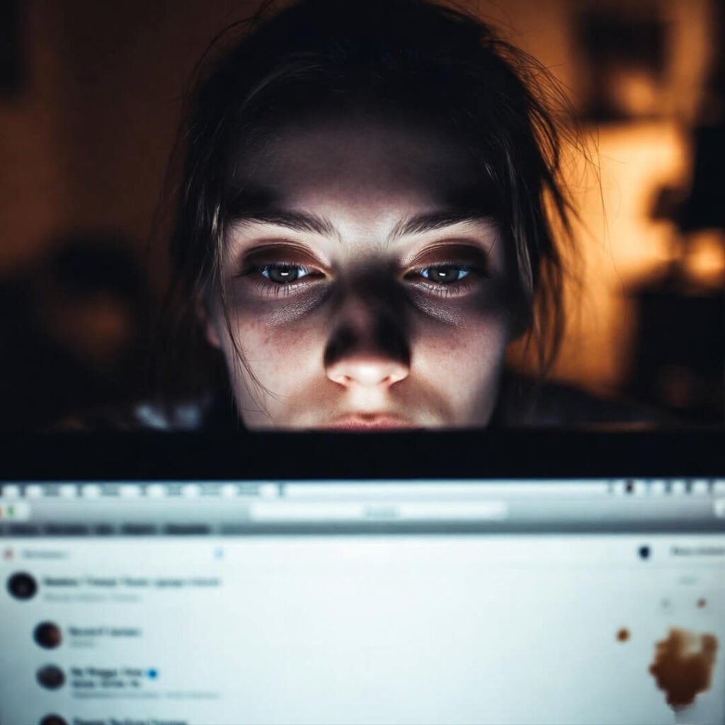 Woman peering over laptop screen with intense gaze at social media.