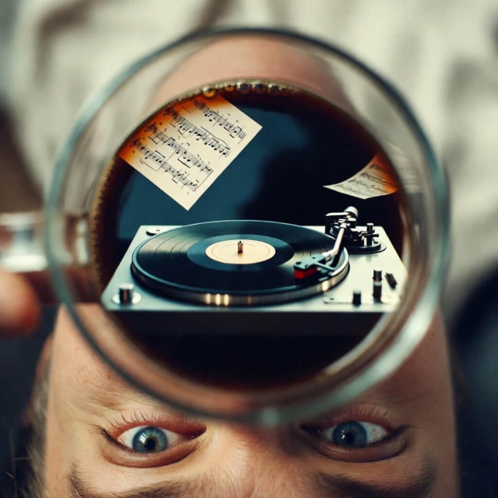 Coffee mug reflection: turntable spinning, sheet-music paper airplanes floating above.