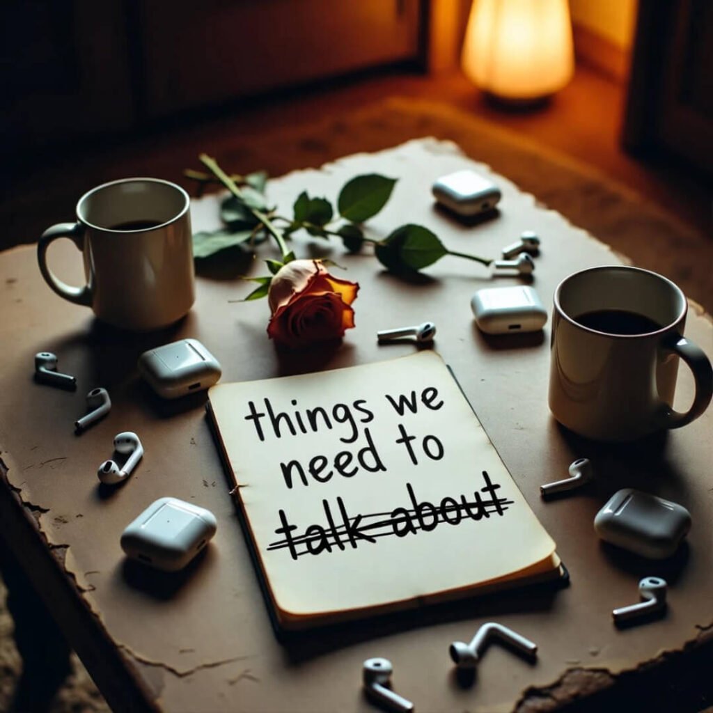 Cold coffee, wilted rose, scattered AirPods, notebook with “things we need to talk about” crossed out.
