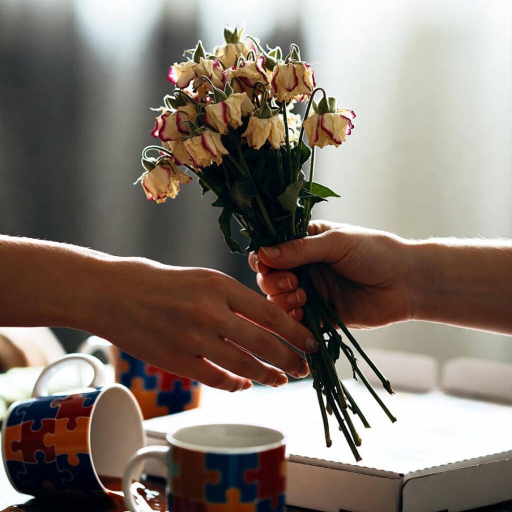 Wilted bouquet over pizza exchange.