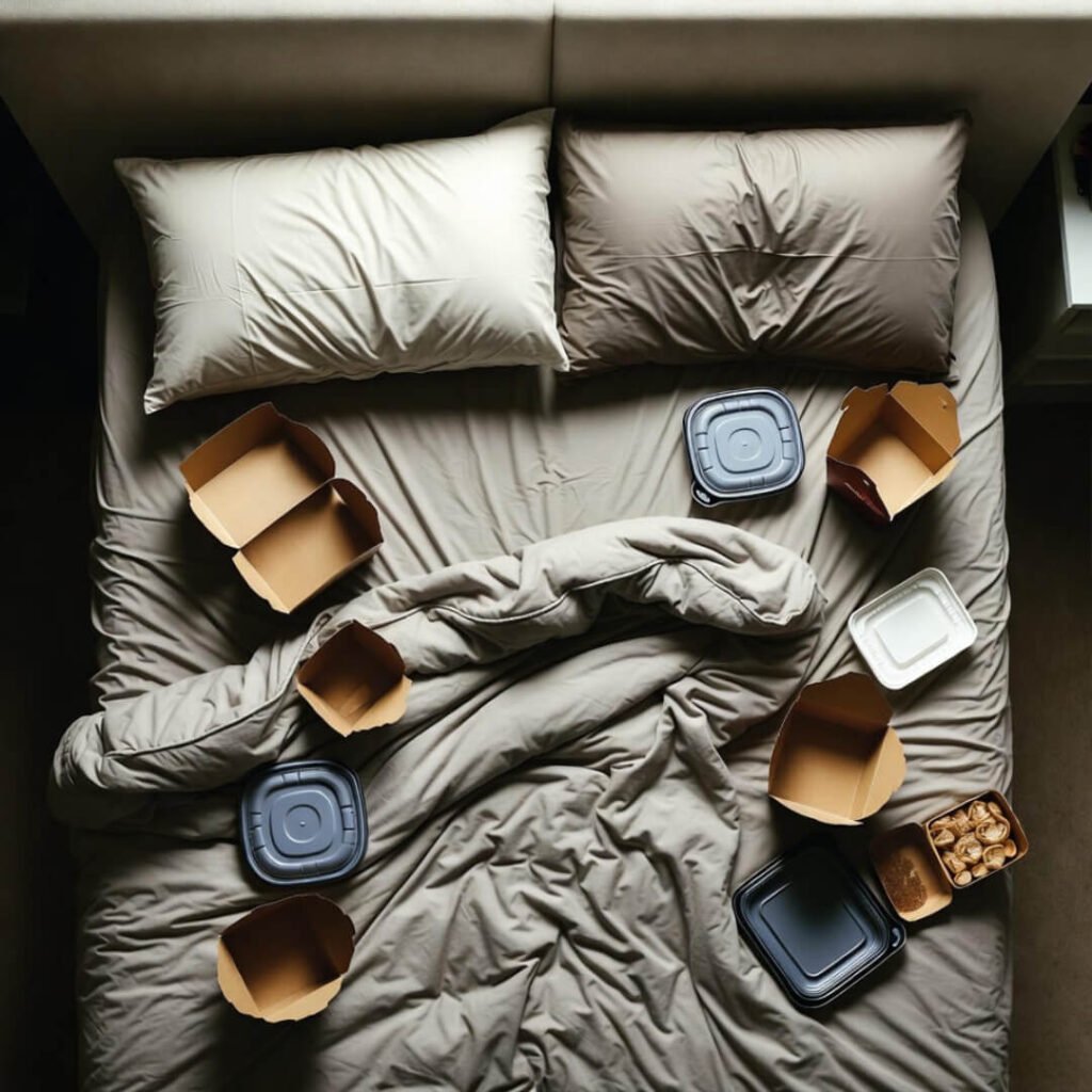 Unmade bed with fluffed and flat pillows, scattered takeout containers.