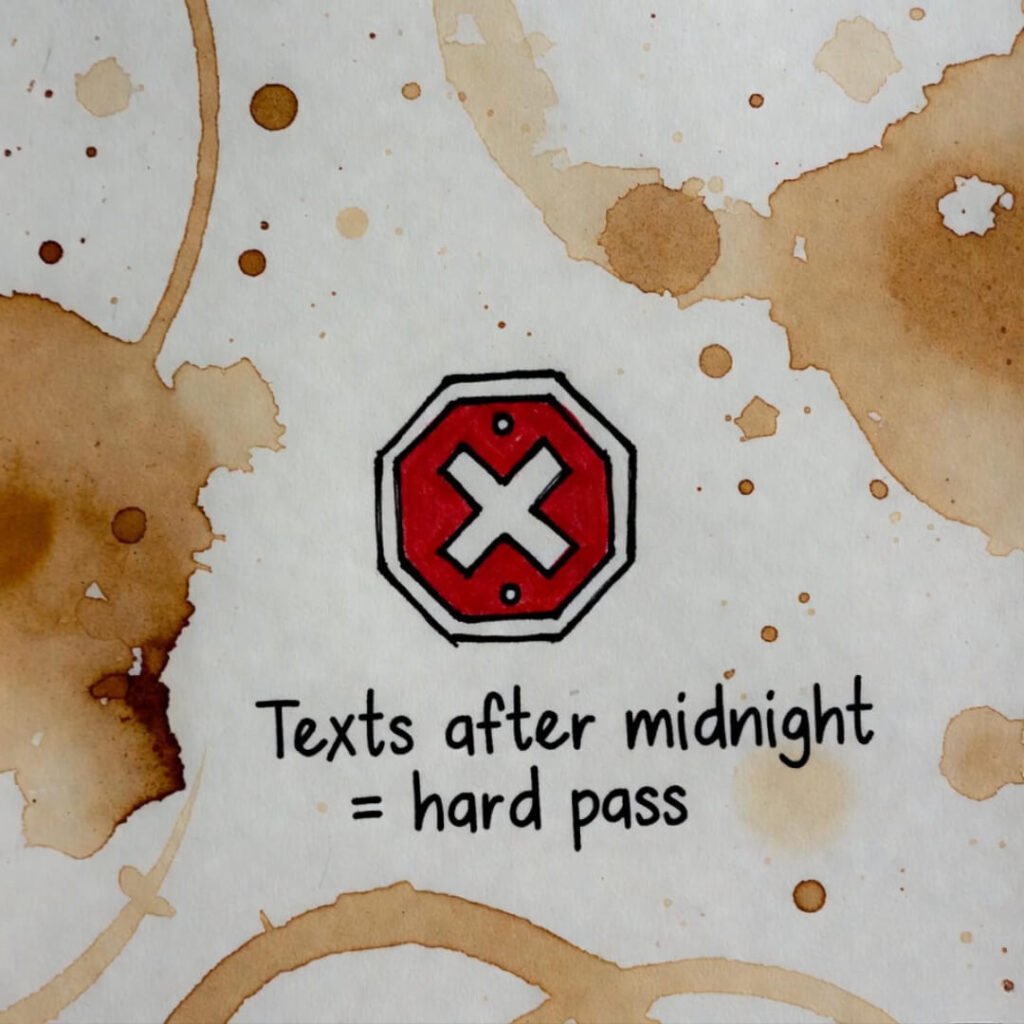 Coffee-stained journal with stop-sign doodle: “Texts after midnight = hard pass.”