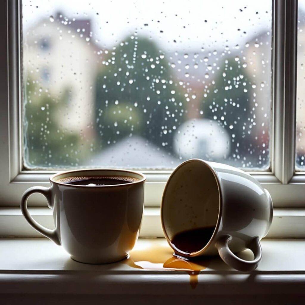 Full coffee mug beside tipped empty one on rainy windowsill.