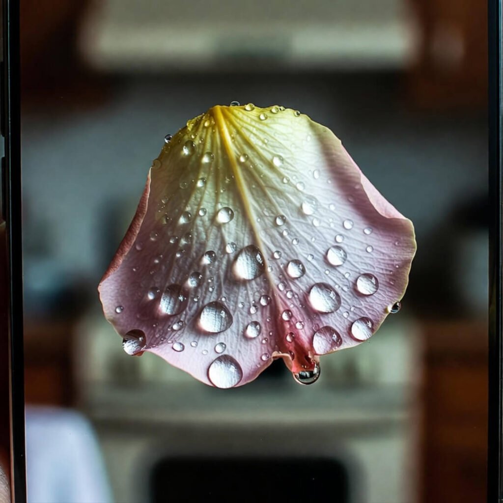 
Pink rose petal with water droplets, hanging upside down.