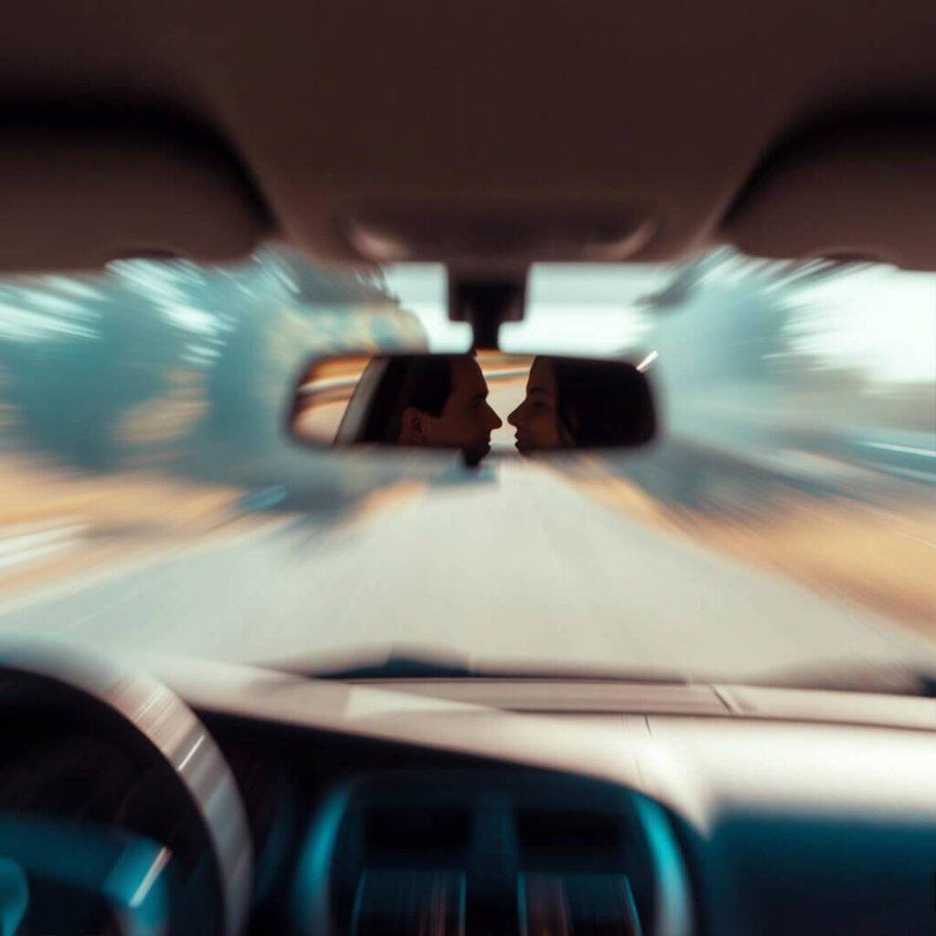 Blurry rearview mirror reflects distant couple in backseat, not touching.