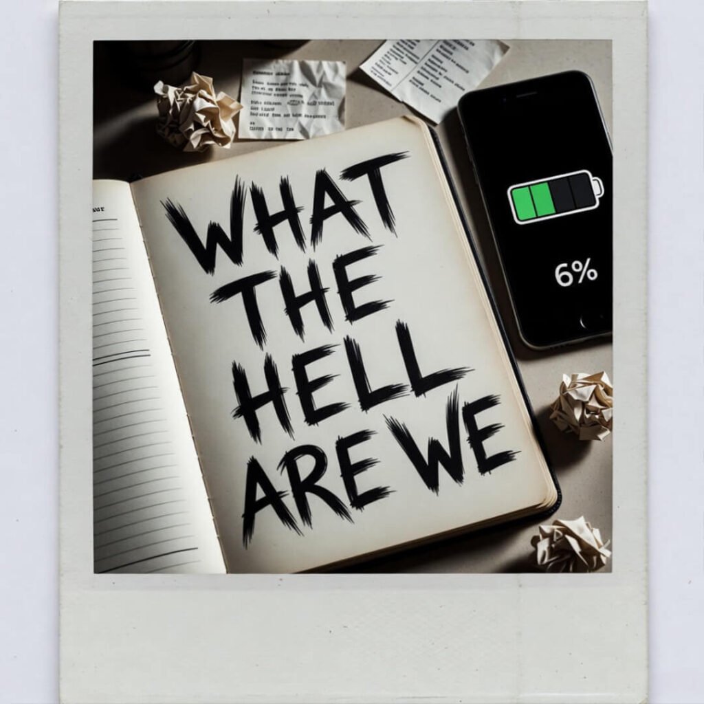 Polaroid of open journal screaming “WHAT THE HELL ARE WE,” crumpled receipts, phone at 6%.