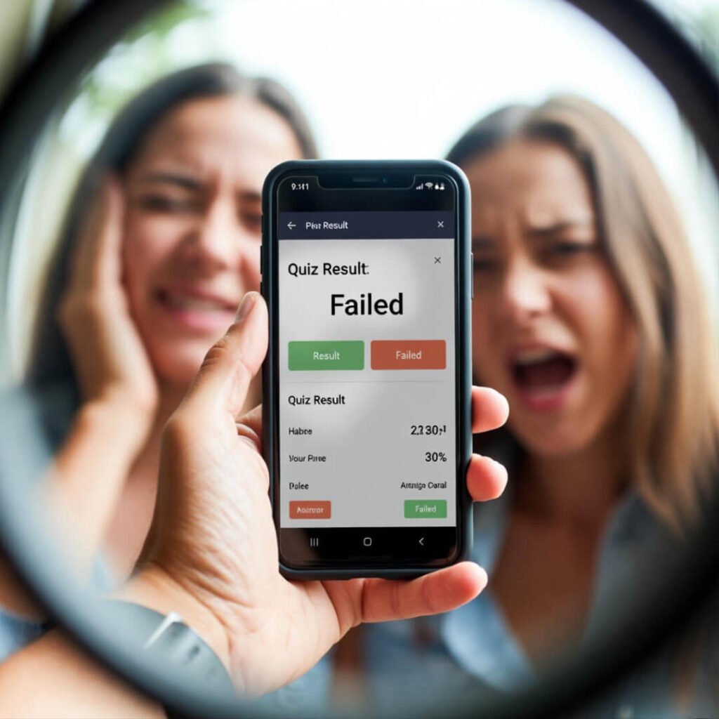 Failed quiz, frustrated phone reflection.