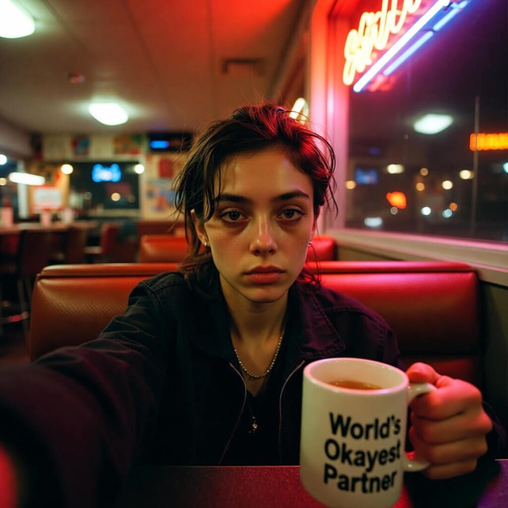 Tired selfie in neon-lit diner, holding "World's Okayest Partner" mug.