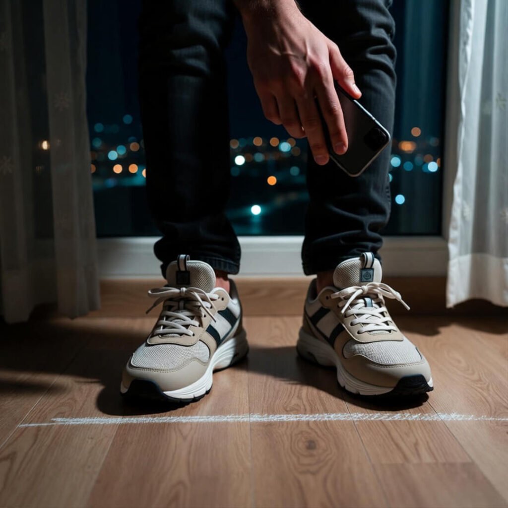 Sneakers cross chalk line; hand declines text on phone, city lights glow.