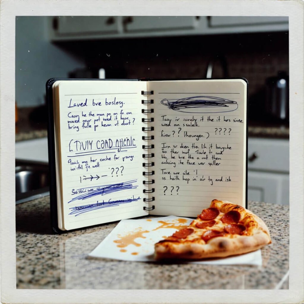 Polaroid of frantic journal with question mark doodles beside cold pizza slice.