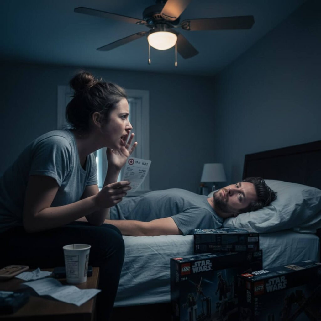 A couple discussing finances, with Lego boxes on the bed.