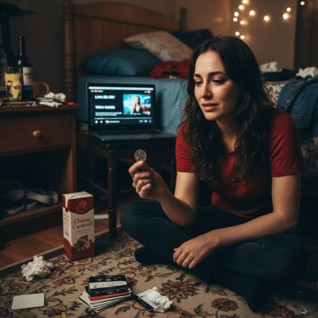 Woman holds a penny, surrounded by gift cards and wine.