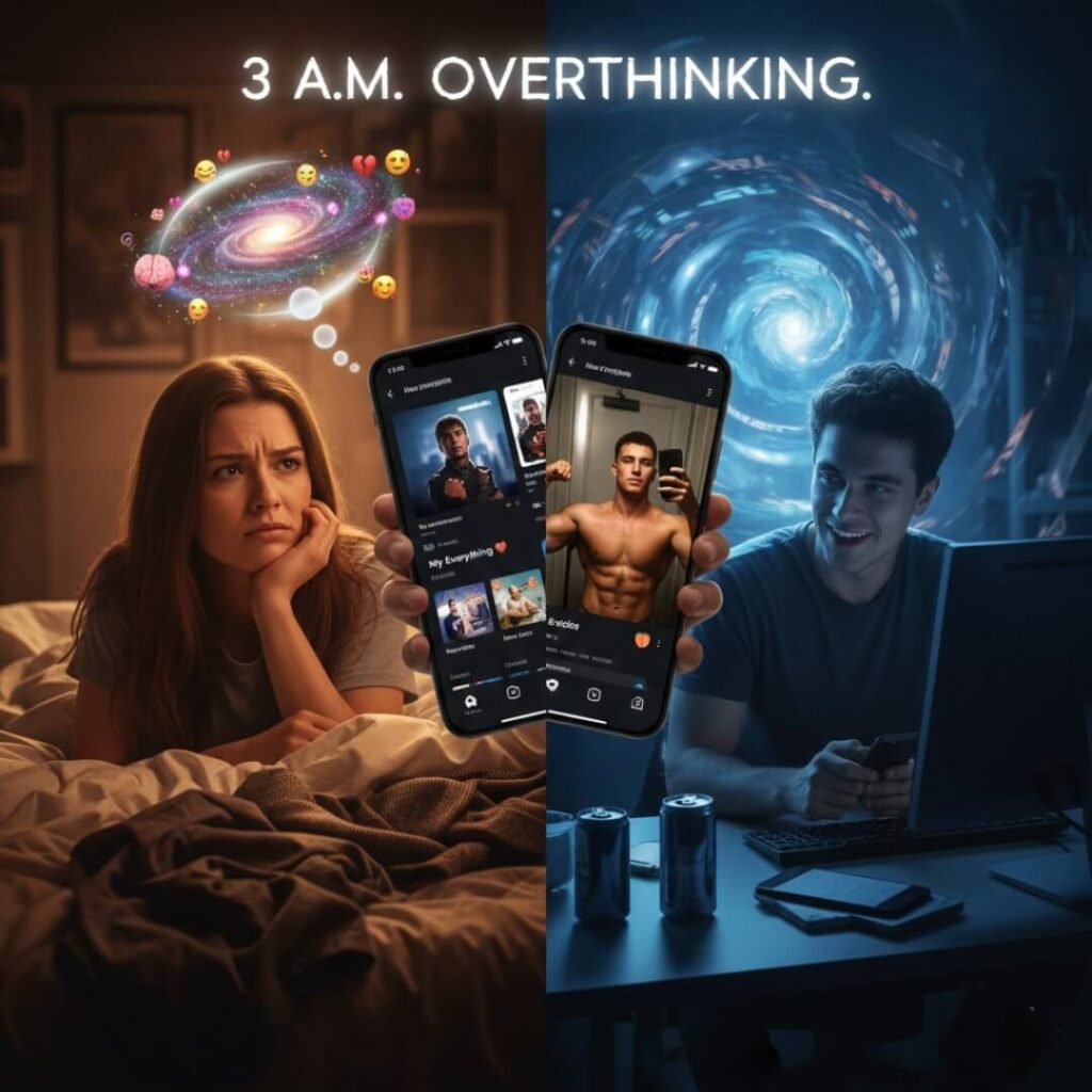 Woman overthinking, man on phone, split image.