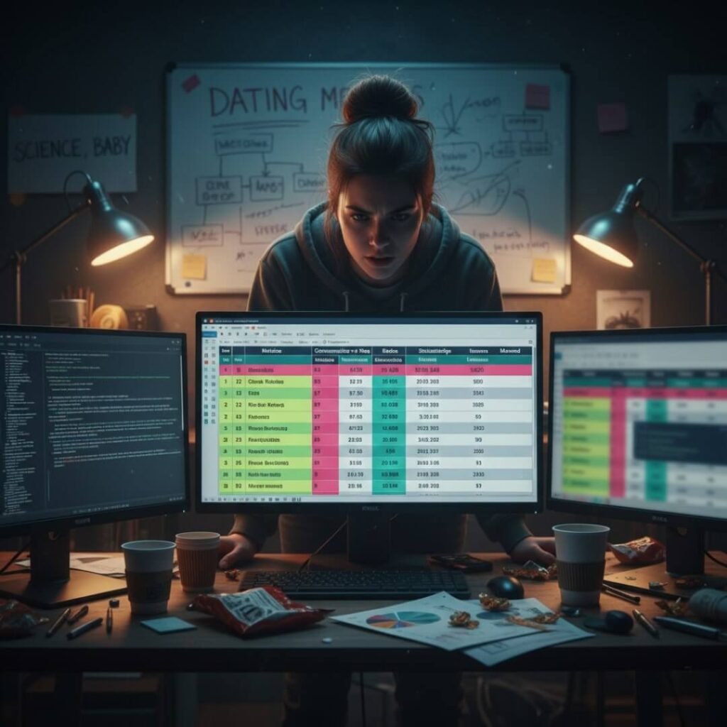 Woman intensely analyzing dating data on multiple screens.