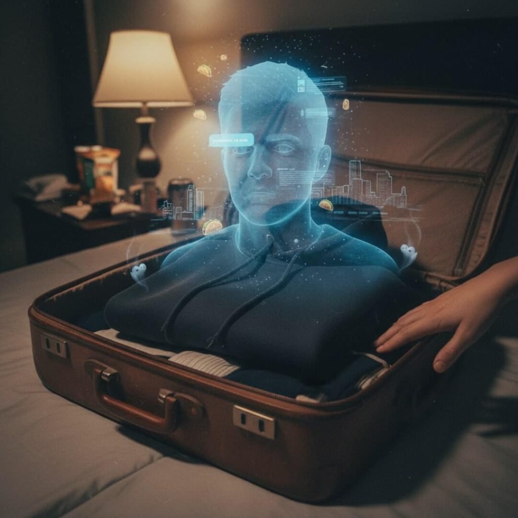 Holographic man emerges from suitcase with hoodie, digital ghosting.