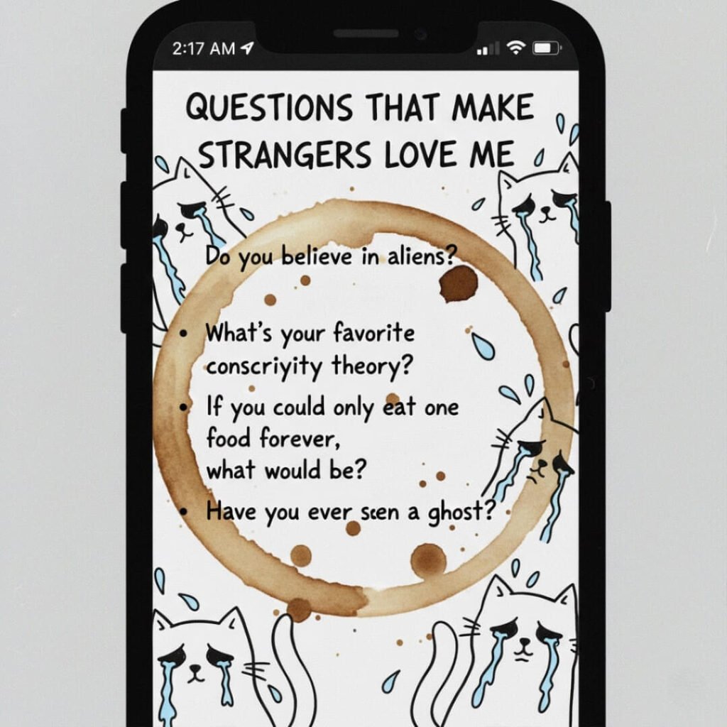 Notes app screenshot with a chaotic list and crying cat doodles.