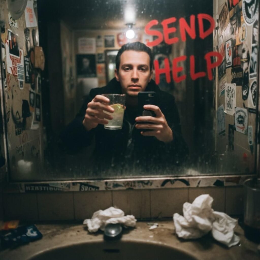 Bar bathroom selfie with "send help" on mirror.