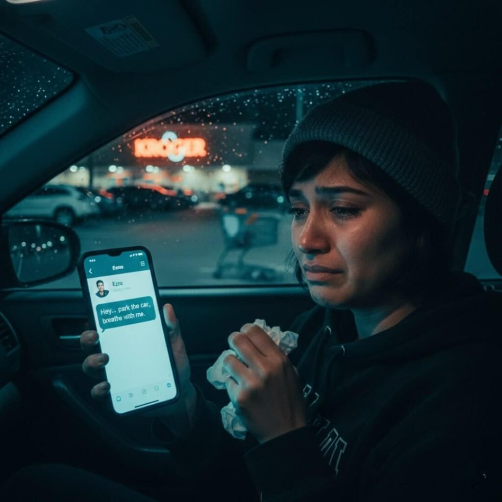 Crying woman in car, phone message.