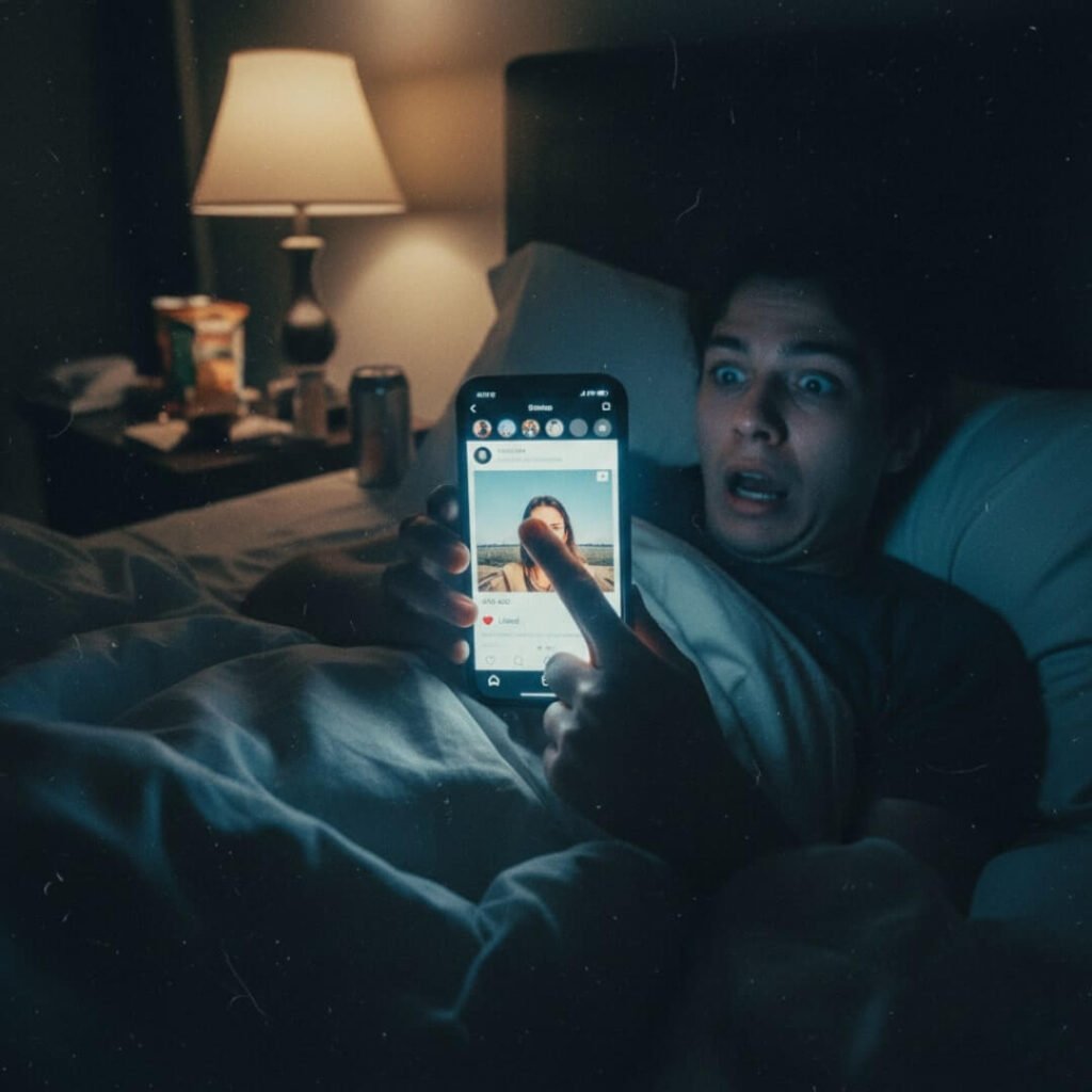 Person in bed, horrified after accidentally liking old Instagram story.