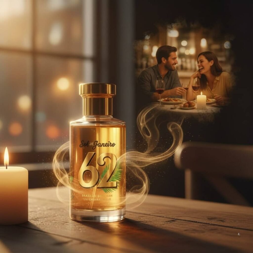 Perfume bottle, candles, couple on a date, scent memory.