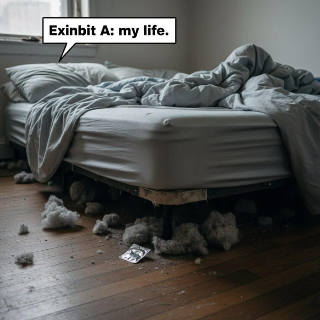 Unmade bed, dust bunnies, condom wrapper. Caption: "Exhibit A: my life."