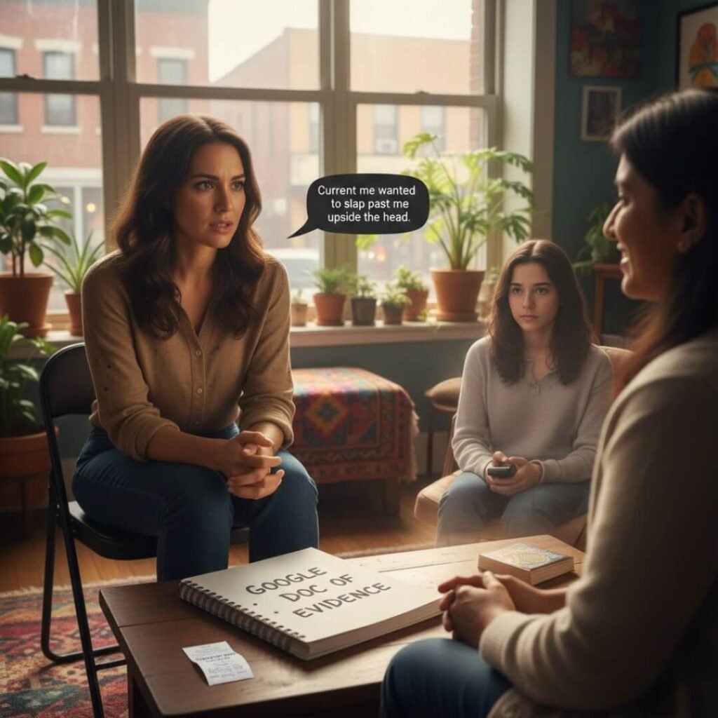 "Therapy session on past relationship mistakes"