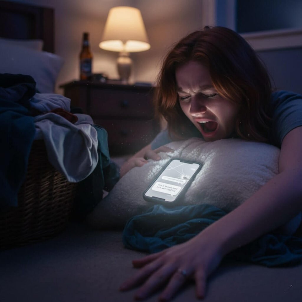 A woman screams into a pillow next to her phone, displaying an unsent text.
