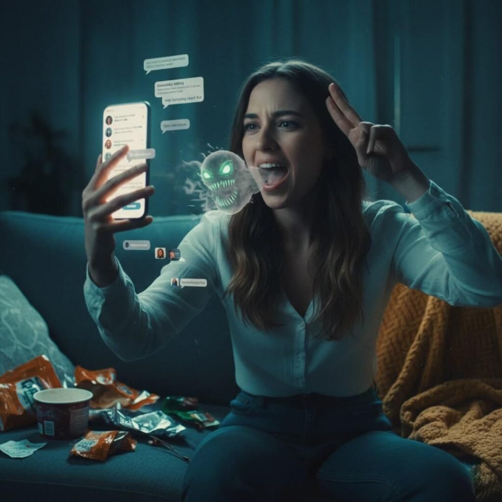 Woman on a couch, confronting a "jealousy monster" emanating from her phone.