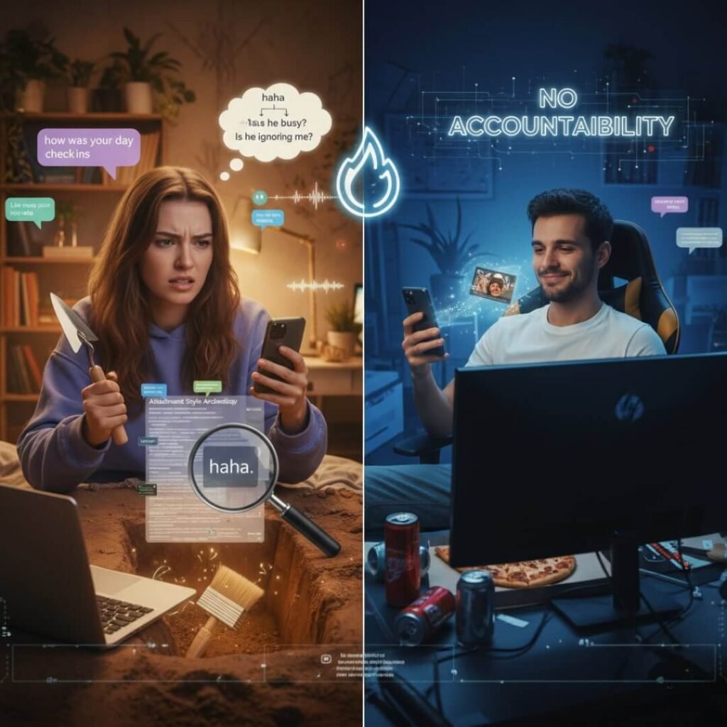 Woman digging for answers, man relaxed, split image.