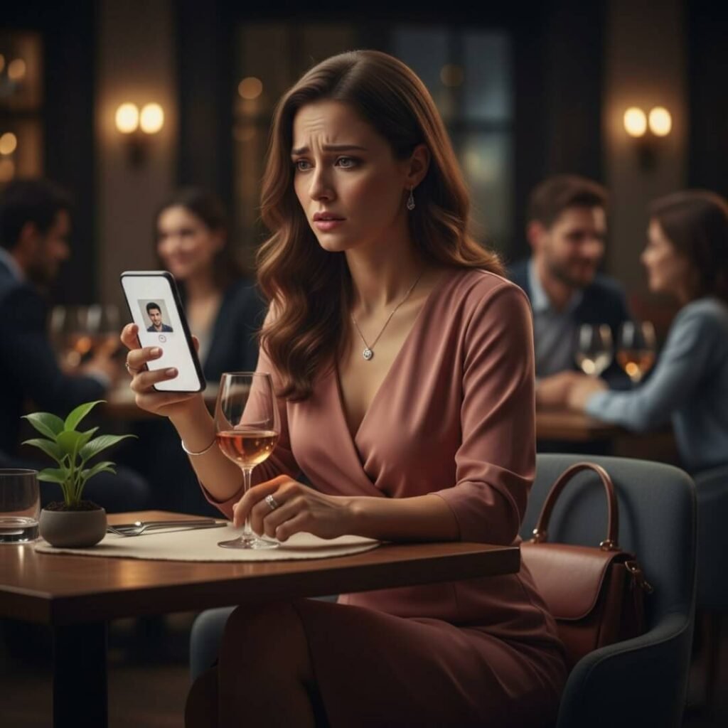 Woman on date, anxious, checking phone.