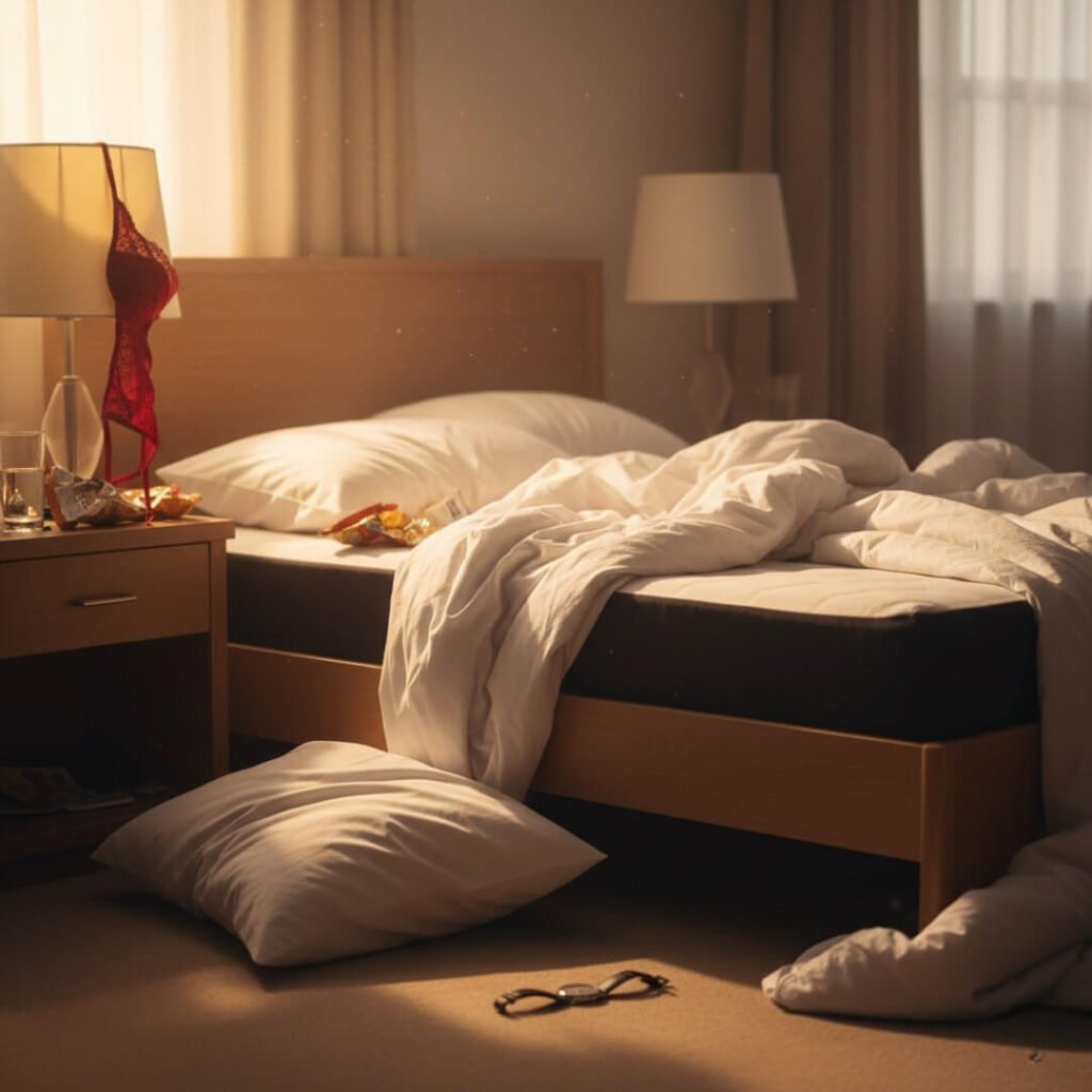 Messy bed at golden hour, with a red bra on a lamp.