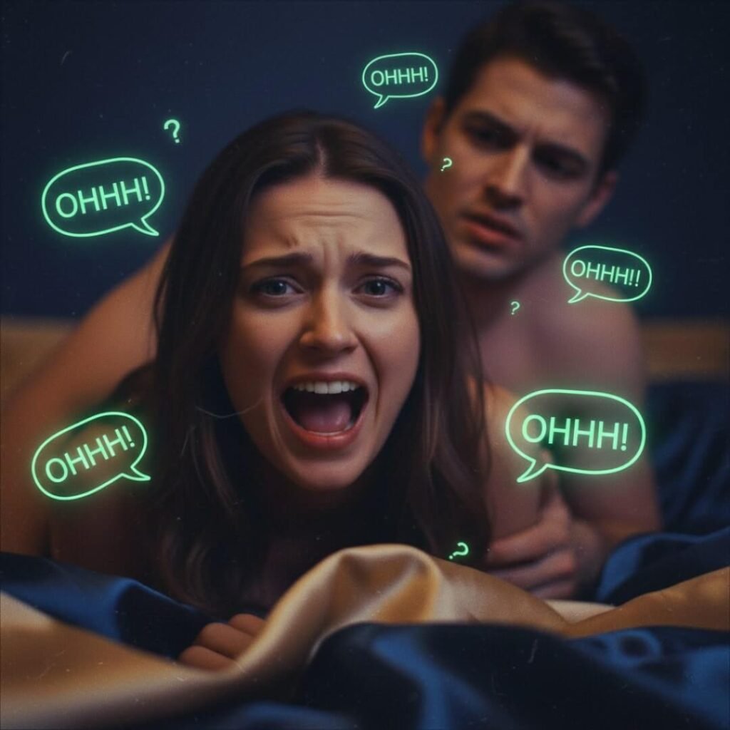 A woman faking moans in bed with thought bubbles.