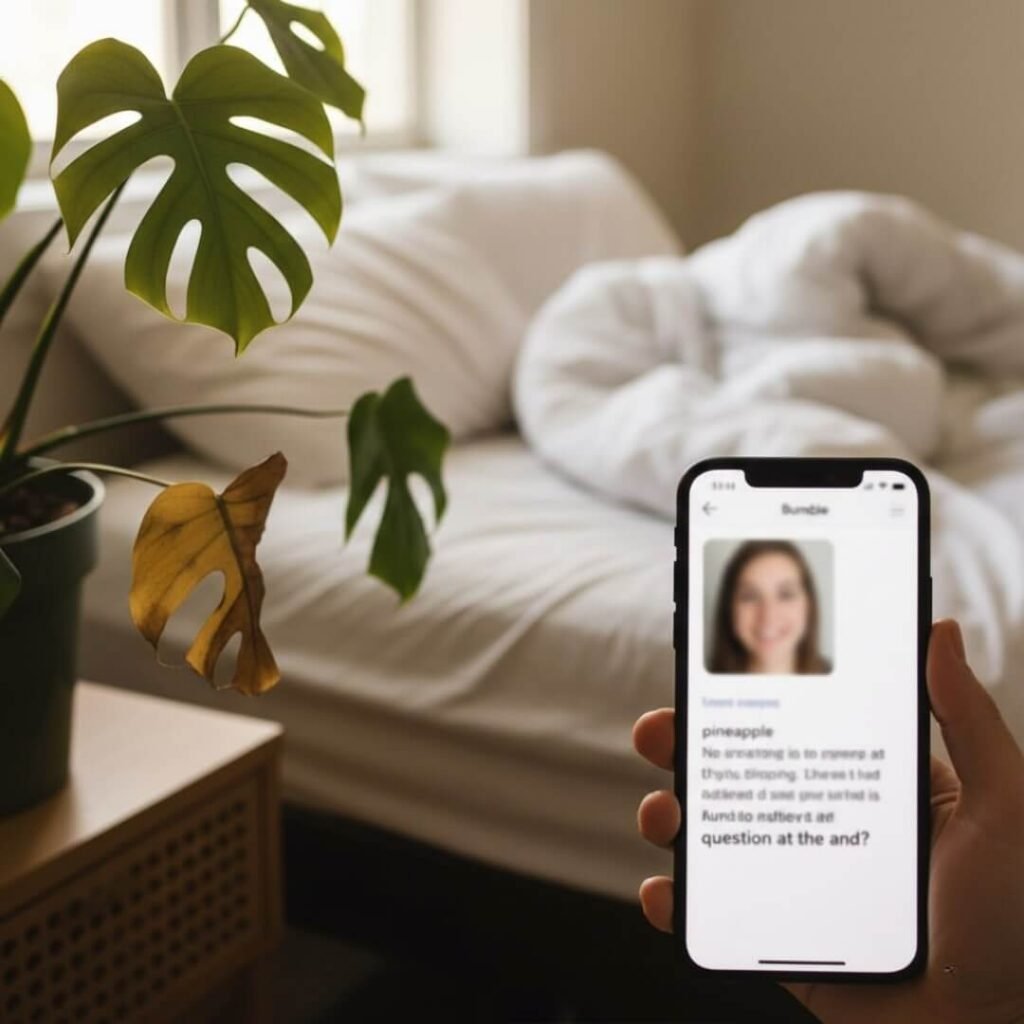 Phone showing dating app bio, unmade bed, and plant.