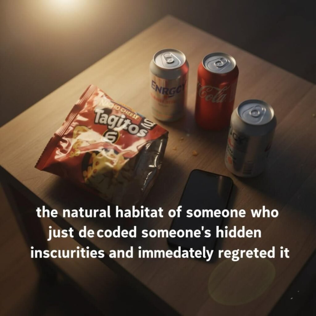 Messy coffee table with snacks, drinks, and phone, caption about regret.