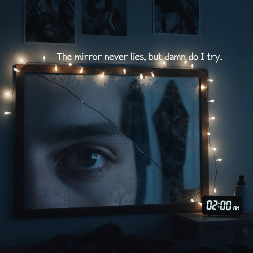 Bloodshot eye in a cracked mirror, fairy lights, 2 AM.