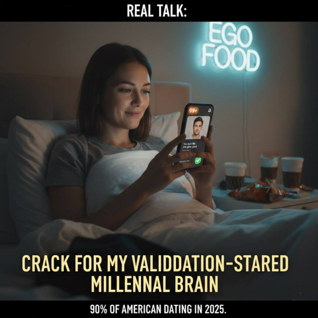 Woman in bed checking dating app.