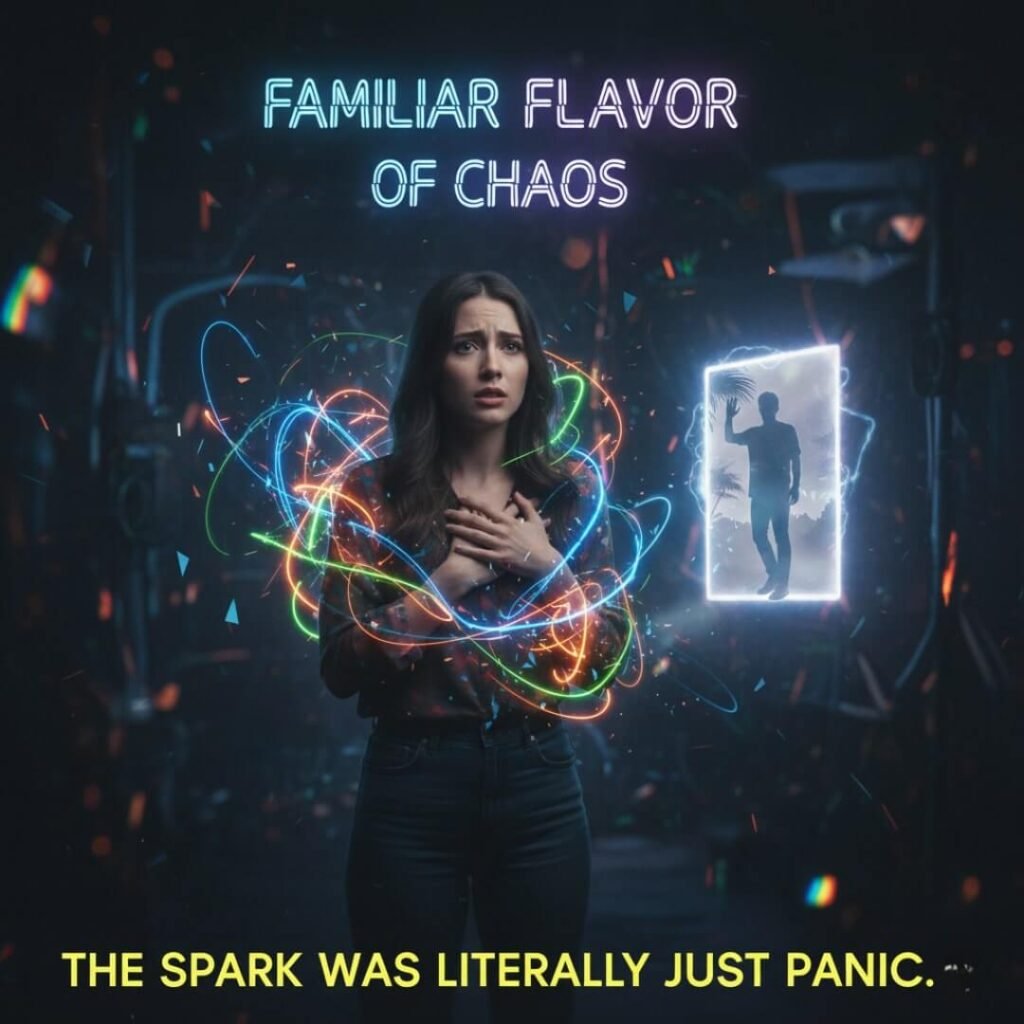 Woman experiencing panic with chaotic neon lines.